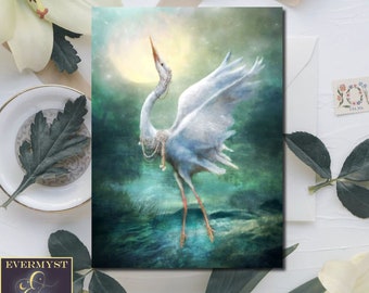 Enchanted Heron Card Fantasy Art White Bird Egret Beautiful Blank Notecard