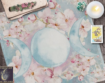 Apple Blossom Triple Moon Table Topper | Cottage Floral Pagan Ritual Cloth |  Textile Display Mat