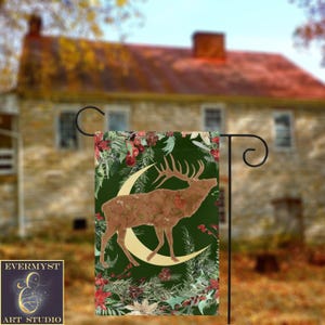 Yule Deer Winter Green Garden Flag - Whimsical Stag Folk Woodland Cottage Yard Banner Sign