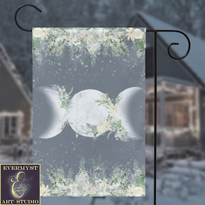 Yule Winter Garden Flag with Triple Moon Goddess Decoration for Wicca Pagan Witch Winter Solstice Decor