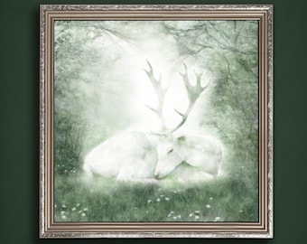 Celtic Stag Painting, Stag Canvas Art, Deer Spirit Animal, White Deer Art, Mythic Creature, White Hart Painting