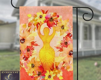 Bandera de jardín de la Diosa del Sol Floral: Decoración para el jardín, estilo Wicca Pagan, Solsticio.