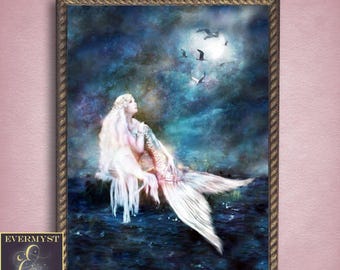 Moonlit Mermaid Art Print, Fantasy Wall Decor for Bedroom or Eclectic Gallery Wall