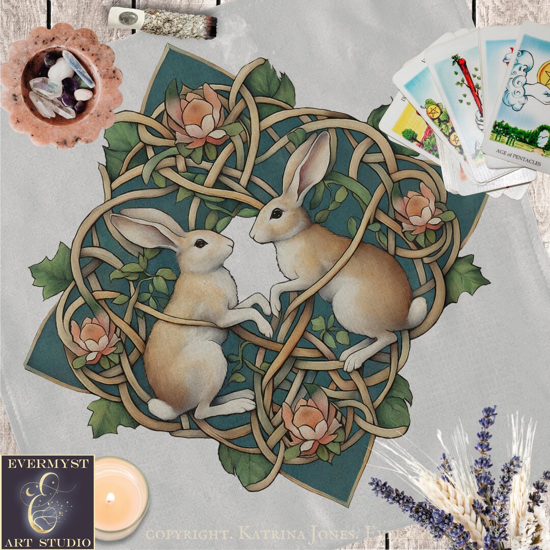 Celtic Rabbits Altar Cloth or Tarot Mat - Botanical Teal Rabbits Altar ...