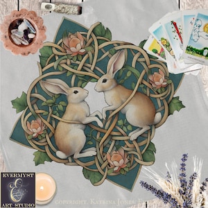Celtic Rabbits Altar Cloth or Tarot Mat - Botanical Teal Rabbits Altar Tarot Witch Decor