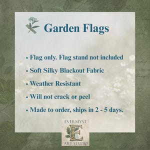 The image is a square with text and a logo, providing information about garden flags.