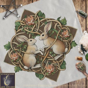Celtic Rabbits Altar Cloth or Tarot Mat - Botanical Rabbits Nature Altar Tarot Witch Decor