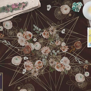 Altar Cloth, Tarot Cloth, Floral Geometric Crystal Grid On Dark Brown