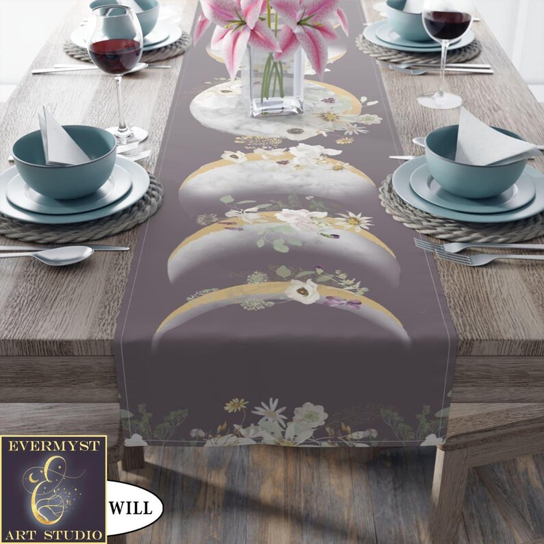 Moon Phases And Wildflowers Table Runner - Witchy Lunar Decor