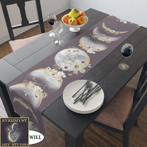 Moon Phases And Wildflowers Table Runner - Witchy Lunar Decor