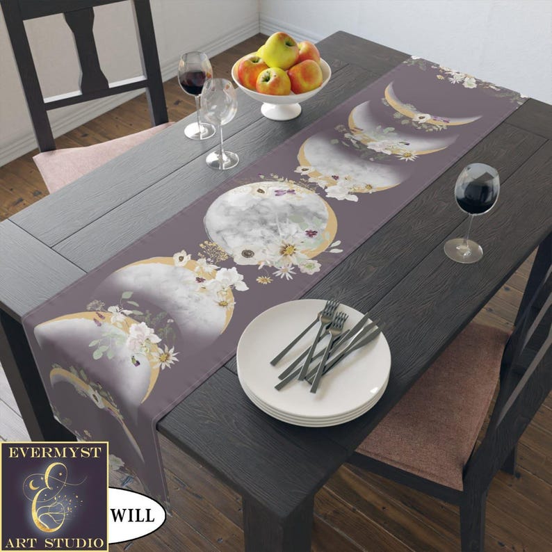 Moon Phases And Wildflowers Table Runner - Witchy Lunar Decor