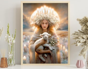 Imbolc Goddess Art Print, First Sign Of Spring Goddess With Lamb Canvas Wall Art, Pagan Witch Decor