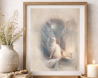 Enchanted Moonlit Ethereal Art - Dreamy White Cat Library Painting