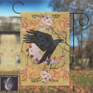 Fall Crow Harvest Garden Flag - Whimsical Raven Folk Woodland Cottage Yard Banner Sign