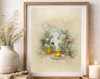 Bumblebee Tea Art Print – Ethereal Cottage Kitchen Wall Art, Botanical Gouache Painting