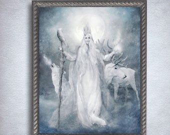 Yule Wall Art, Winter Goddess Cailleach Painting, Celtic Gaelic Mythic Art Print Decor