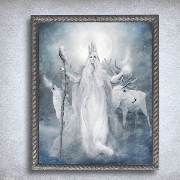 Art mural de Noël, peinture de la déesse de l’hiver Cailleach, décor d’impression d’art mythique gaélique celtique