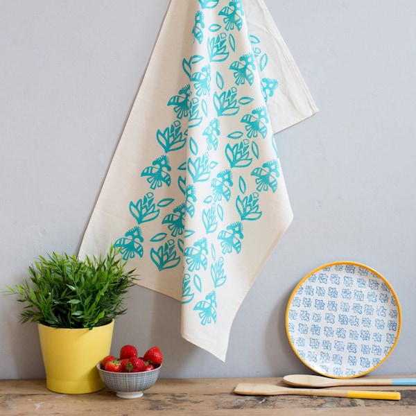 Floral Aqua Blue Tea Towel | Screenprinted | 100% Cotton | Abstract Design