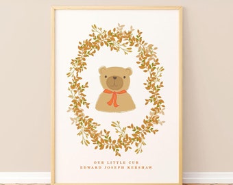 Personalised Baby Bear Cub Print: Scandi Nursery Decor, New Parent Gift