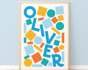 Personalised Name Print: Abstract Shapes, Colourful Kids Room Art