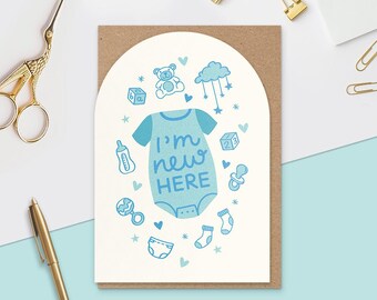 Welcome New Baby Card, Light Blue Baby Boy, Hand Drawn Illustrations