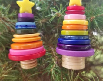 button Christmas tree ornaments - striped, rainbow, multi-color