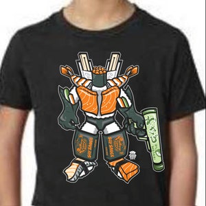 May include: Black t-shirt with a graphic of a sushi robot holding a tube of wasabi. The robot is made of sushi rolls, soy sauce packets, and chopsticks. The text on the wasabi tube reads "わさび 0% Wasabi".