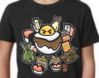 Grinds Bot - Youth Tshirt, Hawaiian Food Favorites, Loco Moco, Spam Musubi, Malasada, Creative Anime Robot, Kawaii Child'd Tee