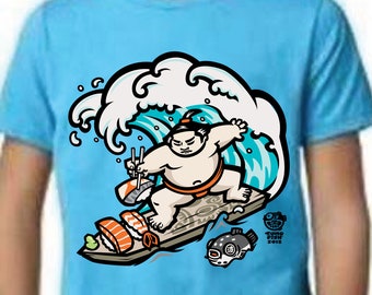 Sushi Surfer - Youth Tshirt - Japanese Wave Tee, Sushi Eating Sumo Wrestler, Anime Streetware, Cool Child's Gift