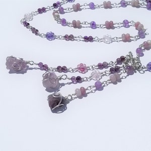 Boho amethyst lariat necklace/pink & purple/wire wrapped bead chain/asymmetrical design/semiprecious lilac stone/Czech flower beads