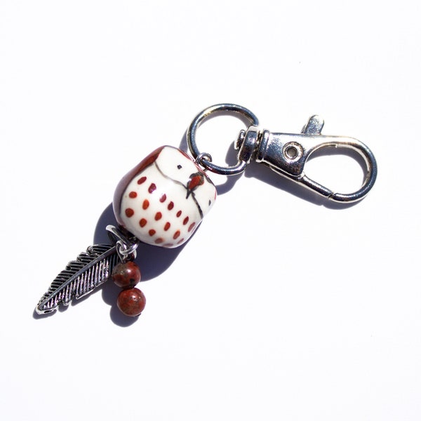 Cute little ceramic owl zipper pull/brown white bird bag charm/rearview mirror ornament/unisex gift/gift for kids/animal lover accessory