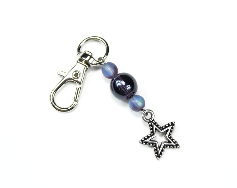 Star zipper pullcelestial bag charmpurple glass beadsChristmas stocking stuffergift for herrearview mirror ornamentpackage decoration