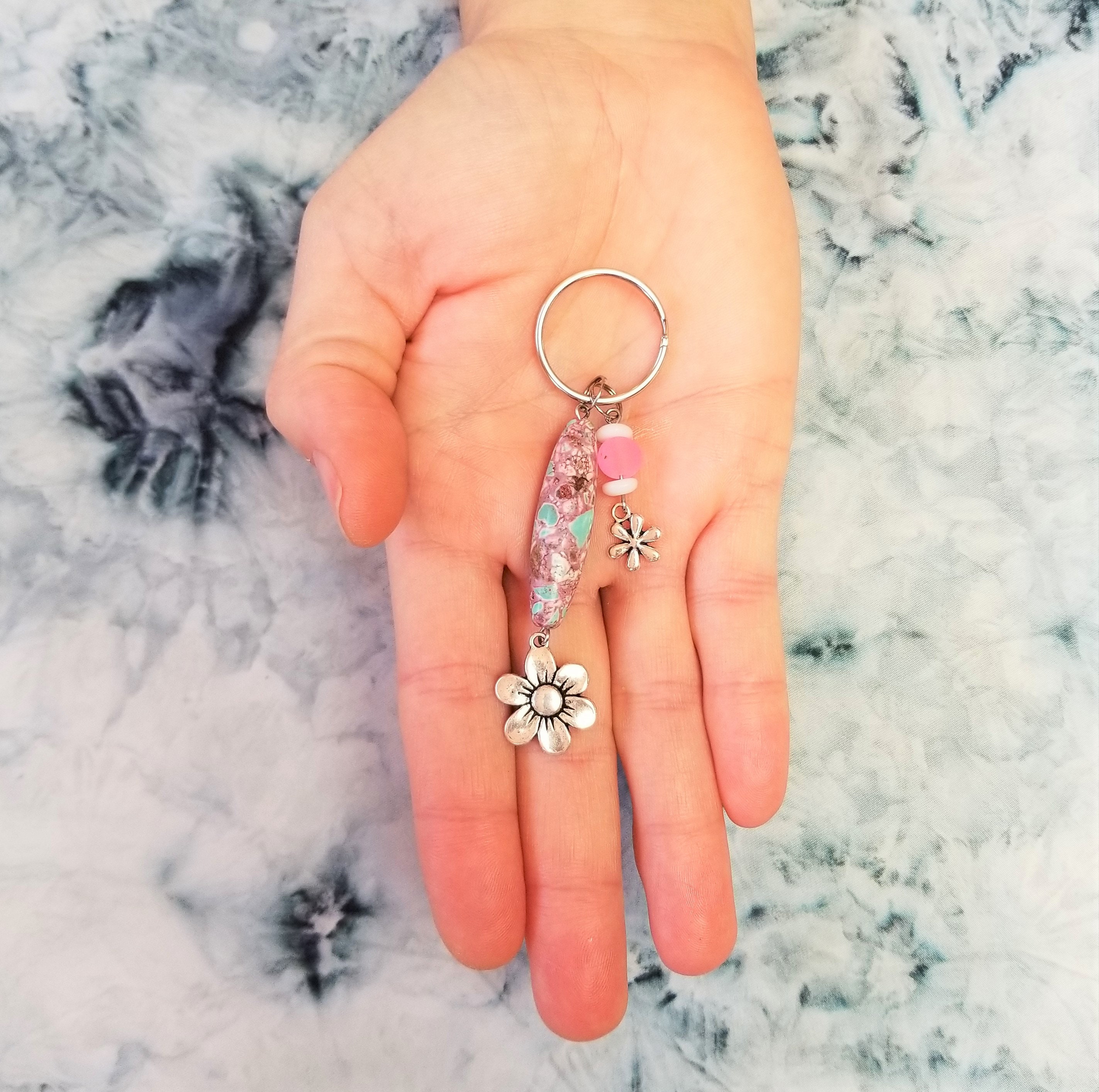 Beaded flower charm keychain/pink white blue silver/stone Etsy