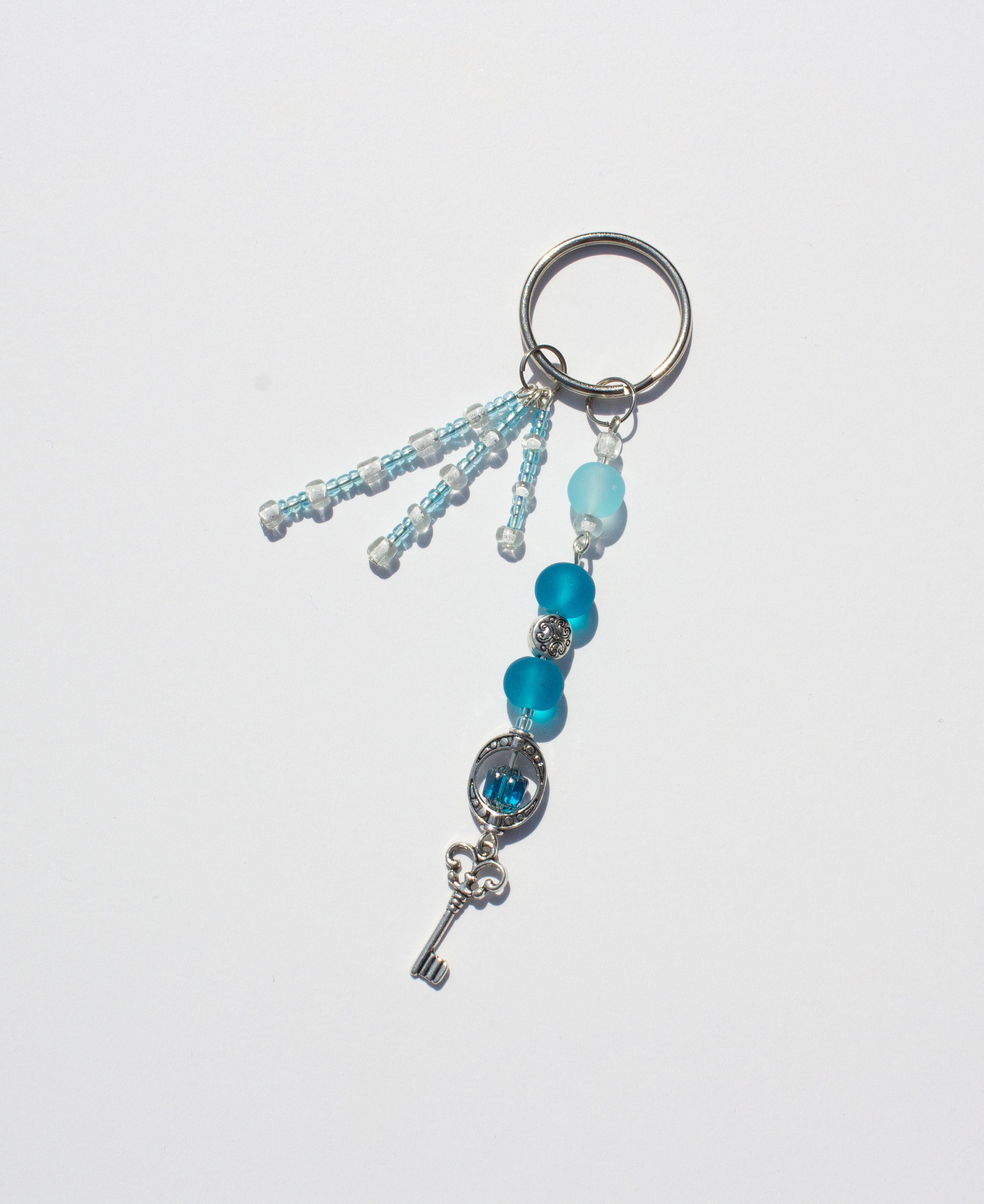 Key charm beaded keychain/blue aqua white silver/glass Etsy