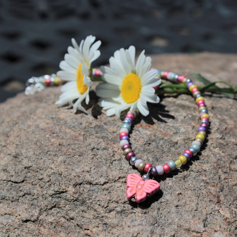 Butterfly charm necklacemulti-color glass beadspink howlite butterflygift for herboho teen giftinsect charmadjustablecasualfun