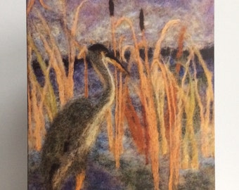 4 Art Cards (5"x7") "Heron" from my original Needle-felted Wool artwork.(4 cards and envelopes)