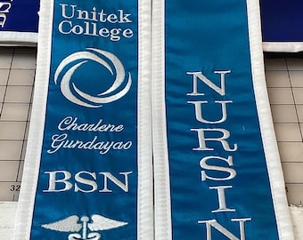 Graduation stoles slanted or Ponited /Unitek college name logo under/Your name/BSN/RN Caduceus/Year/Nursing