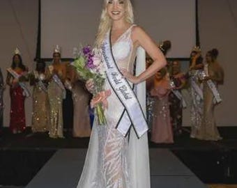 Custom Pageant Sash: White Satin, Black Trim, Rhinestone front only
