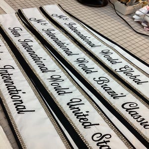 Custom Pageant Sash: White Satin, Black Trim, Rhinestone Detail image 4