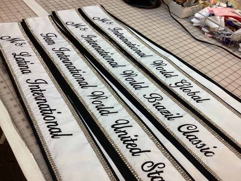 Custom Pageant Sash: White Satin, Black Trim, Rhinestone Detail image 4
