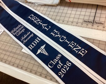 Graduation stoles slanted/College name/Dental Hygiene vertical/your name/3 Letters Horizontal/Caduceus only/C/O 20XX/No adding extra wording