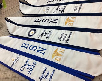 Graduation stoles Nightingale College / Made as posted only /Your Name/Year/RN Caduceus in Gold/Round logo OR Flame Logo design /NO Adding
