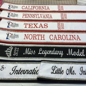 Pageant sashes in/ heavyweight satin /Double Row front only Rhinestones / Design your Pageant sash