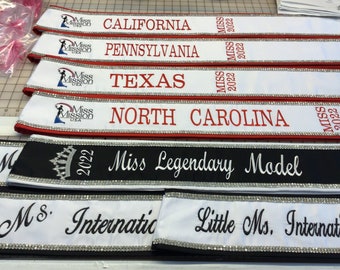 Pageant sashes in/ heavyweight satin /Double Row front only Rhinestones / Design your Pageant sash