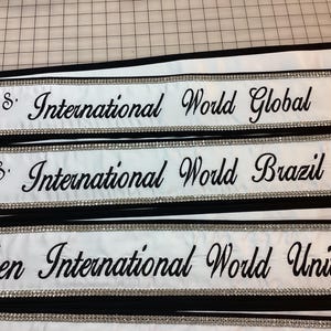 Custom Pageant Sash: White Satin, Black Trim, Rhinestone Detail image 5