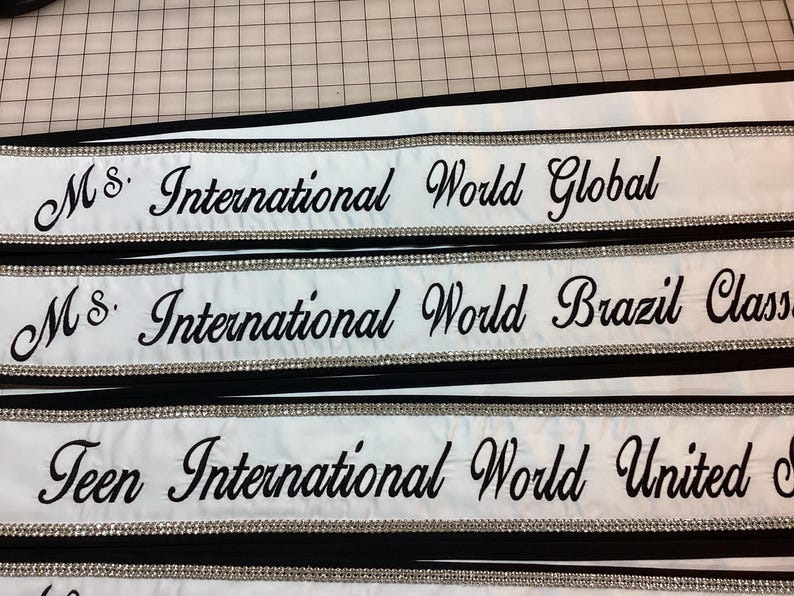 Custom Pageant Sash: White Satin, Black Trim, Rhinestone Detail image 5