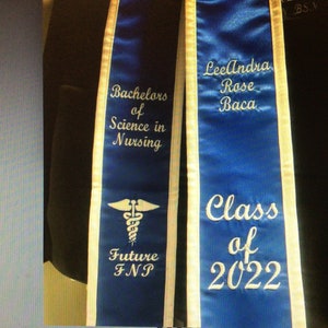 Graduation Stoles Slanted or Pointed/ Photos or samples only /You get /College Name/Degree/Your Name/Year/ all Horizontal only no adding