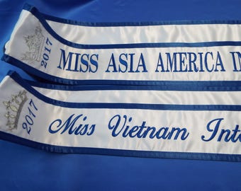 Pageant sashes/with a Trim /Crown on shoulder / NO adding name on back NO adding logos/Personalize your pageant sash