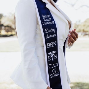 Graduation Stoles Slanted only/ Nursing vertical on right side /Left side /College Name/ your name /3 Letters/Caduceus/ year/NO ADDING WORDS