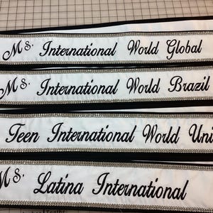 Custom Pageant Sash: White Satin, Black Trim, Rhinestone Detail image 3